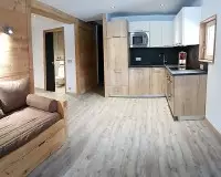 Cuisine ouverte en bois clair dans un appartement rénové