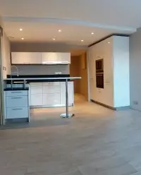 Cuisine ouverte blanche avec bar dans un appartement rénové