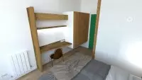 Rendu 3D d'une chambre avec bureau mural en bois