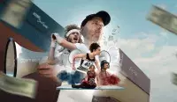 Montage dynamique montrant plusieurs athlètes et un joueur de tennis avec des mégaphones, des billets flottants et des scènes de compétition sportive.