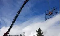 Grue soulevant un panneau de verre décoré