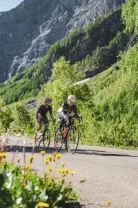 Deux cyclistes pédalent sur une route de montagne entourée de forêts.