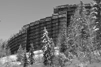 Grand bâtiment résidentiel entouré d’arbres enneigés en montagne.