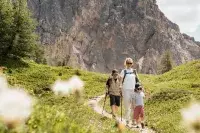 Famille en randonnée sur un sentier alpin fleuri.