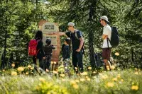 Famille découvrant un sentier pédagogique en forêt alpine.