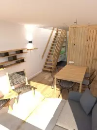 Rendu 3D d'un salon avec canapé, table et escalier en bois