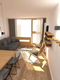 Rendu 3D d'une pièce de vie avec salon et table à manger