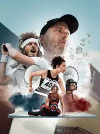 Montage dynamique montrant plusieurs athlètes et un joueur de tennis avec des mégaphones, des billets flottants et des scènes de compétition sportive.