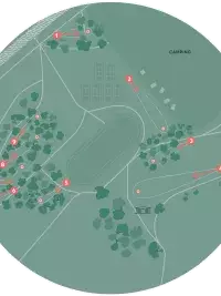 Carte du parcours de disc golf avec emplacements des trous et tracé du circuit en pleine nature à Bourg Saint Maurice