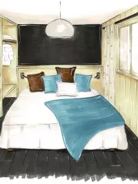 Croquis d'une chambre de chalet avec lit double