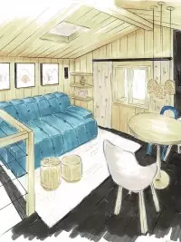 Croquis d'un salon de chalet avec canapé et coin repas