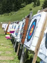 Cibles de tir à l’arc alignées en extérieur avec plusieurs flèches plantées au centre