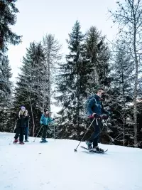 Randonnée en raquettes en forêt enneigée aux Arcs