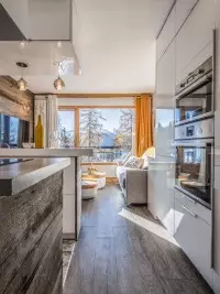 Appartement de montagne moderne avec cuisine ouverte, salon lumineux et vue sur les sommets enneigés.